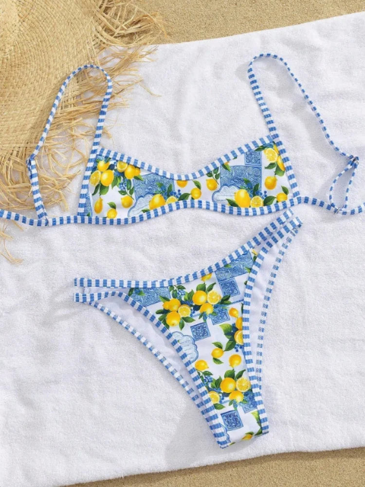 Sexy Sky Blue Fruit Print Micro Bikini