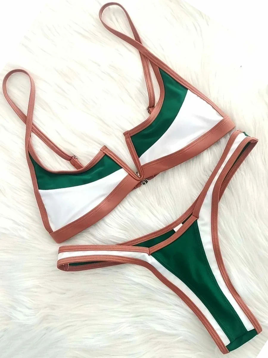 Splicing Denim V Shaped Thong Bikini