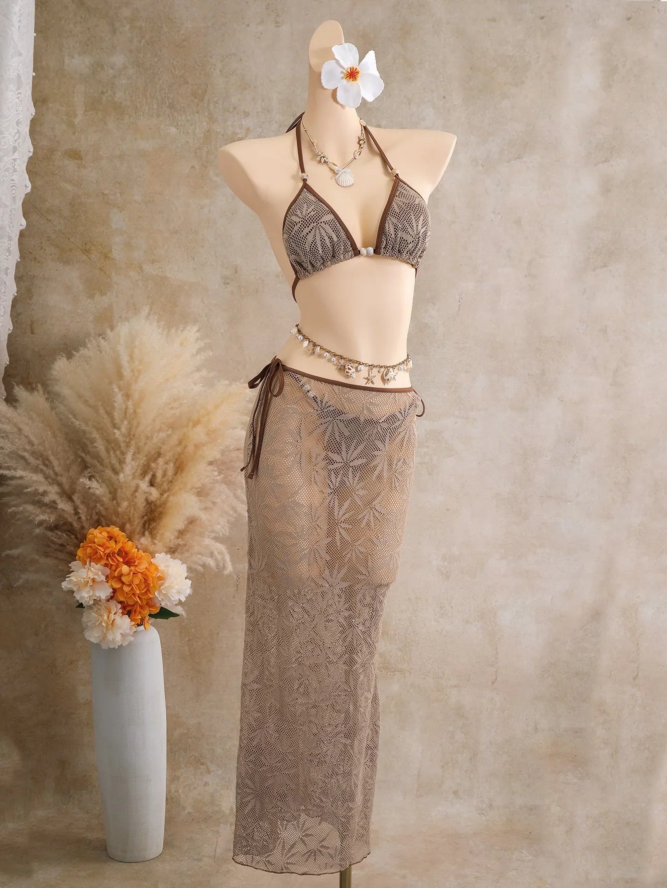 Vintage Coffee Leaves Print Mesh Skirt 3 Piece Bikini Set