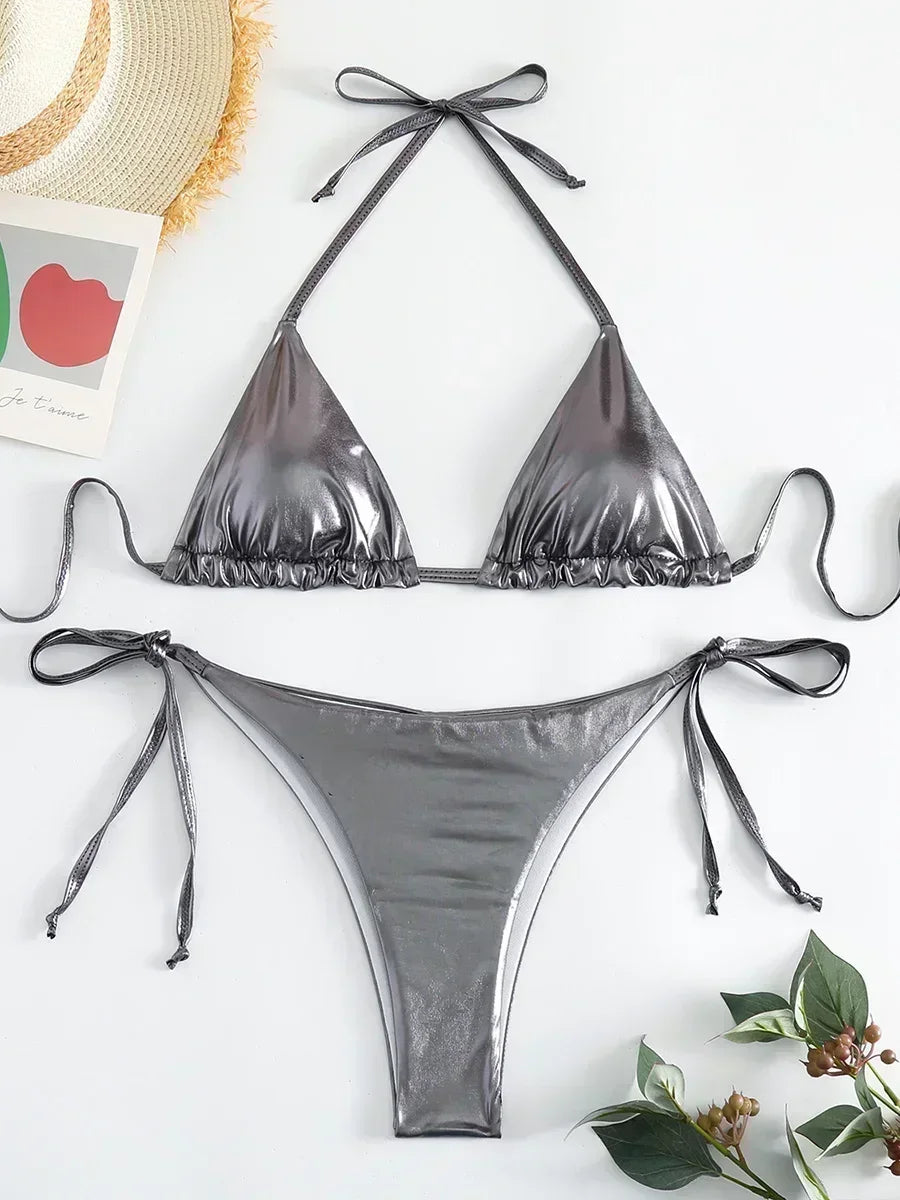 Sexy Shiny Pu Faux Leather Bikini