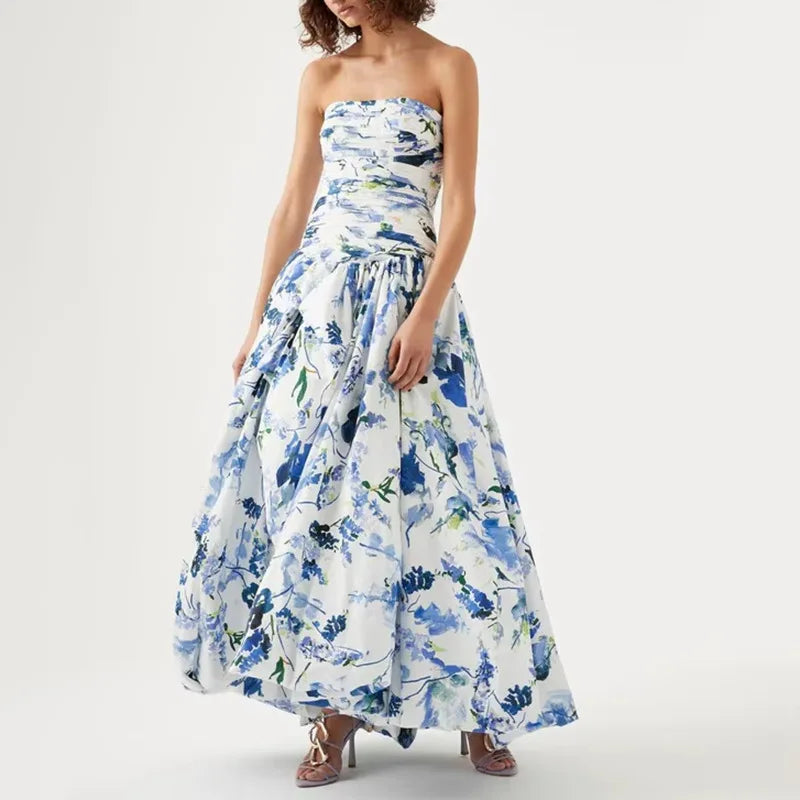 Retro Printed Strapless Brithday Dress