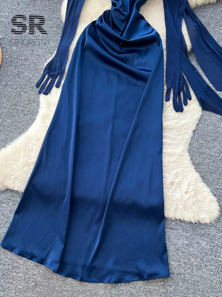 Sexy Satin Party Dresse With Mesh Oversleeve Ribbons Solid Slim 1950s Chic Feminine Flapper Sensual Sling Long Dresses