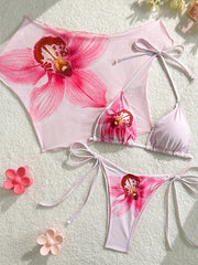 Sexy Pink Floral Print Short Sleeve Cover Up 3 Piece Bikini Set