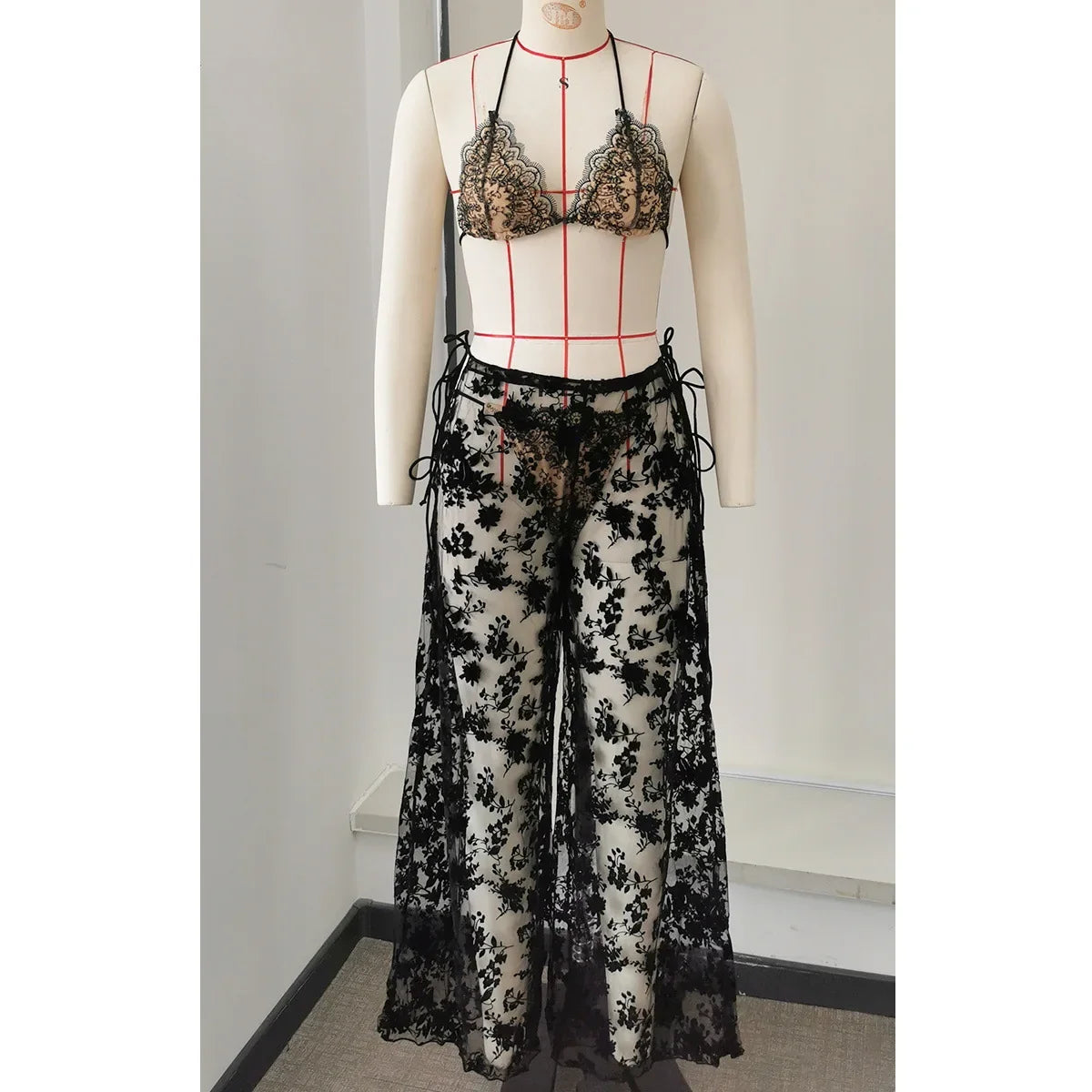 Sexy Black Lace Long Pants 3 Piece Bikini Set