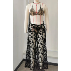 Sexy Black Lace Long Pants 3 Piece Bikini Set