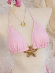 Sexy Pink Swimwear Women Pink Metal Starfish Push Up High Waist Bikini Set