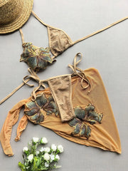 Sexy Yellow Floral Print Mesh Skirt Bikini Set