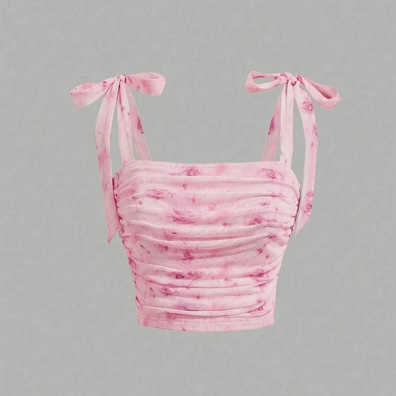 Solid Tie Shoulder Ruched Wide Strap Slim Fit Crop Top
