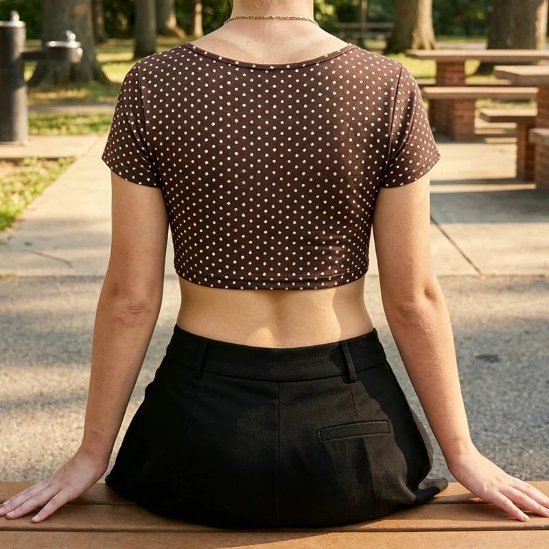 Polka Dot Front Tie Knot Crop Top