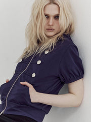 Cropped Hooded Short Sleeve Zip Up Top