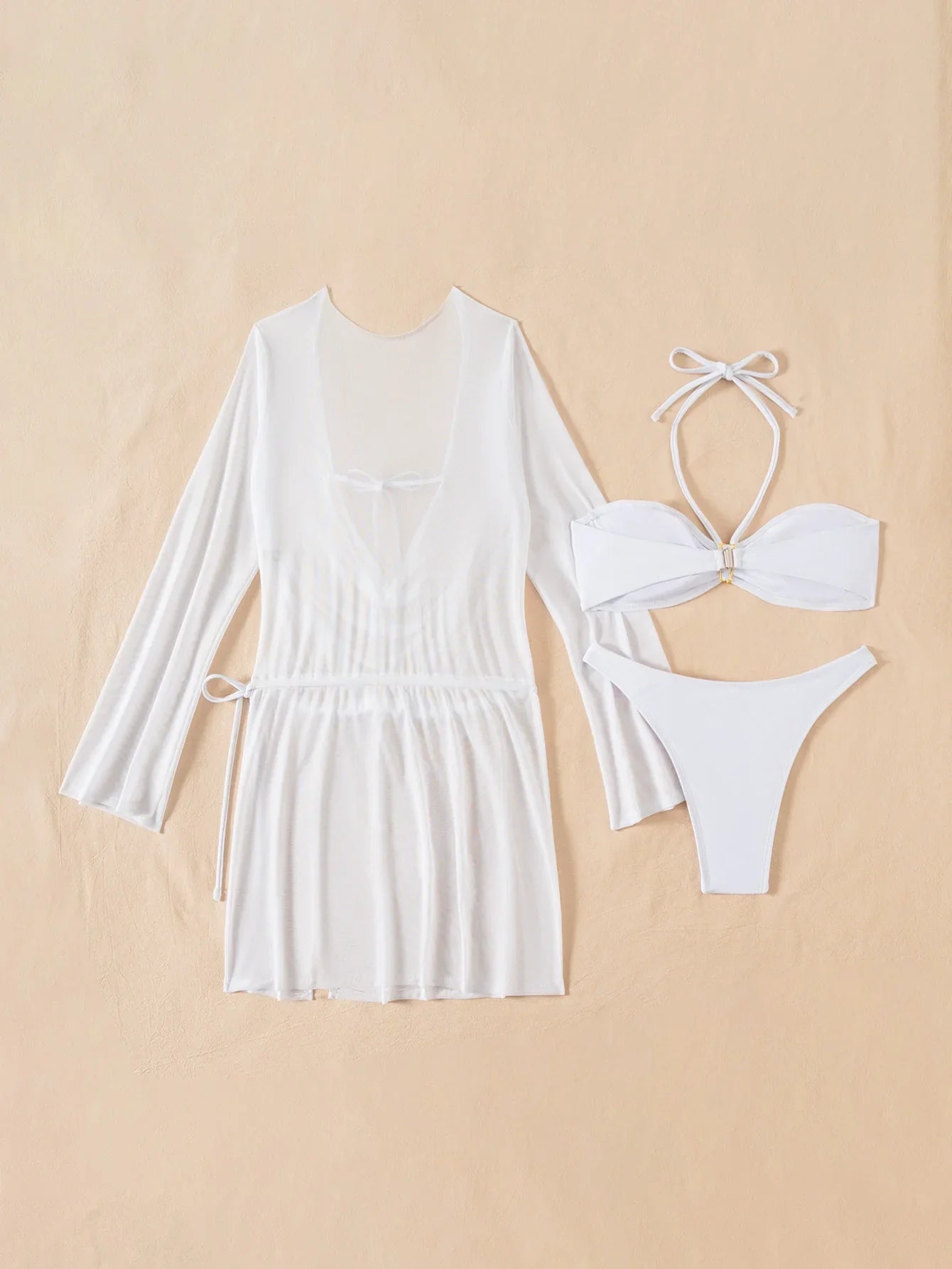 Sexy Long Sleeve Cover Up 3 Piece Bikini Set