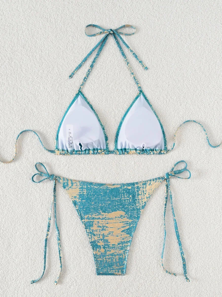 Shiny Glitter Halter Strappy Bikini