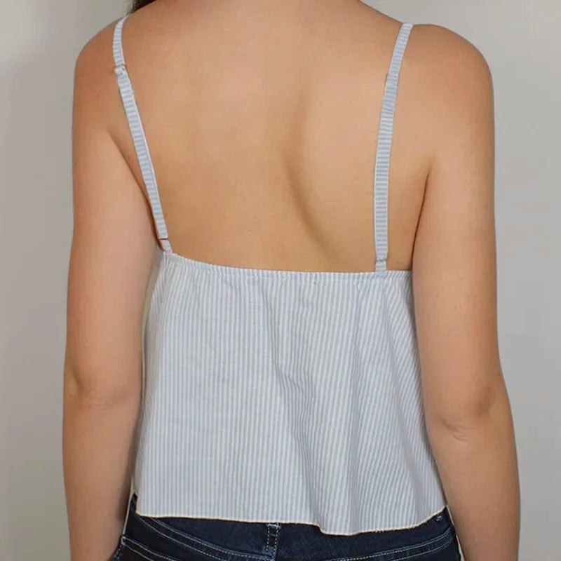 Boho Striped Ruffles V Neck Camis Beach Holiday Sleeveless Crop Tops