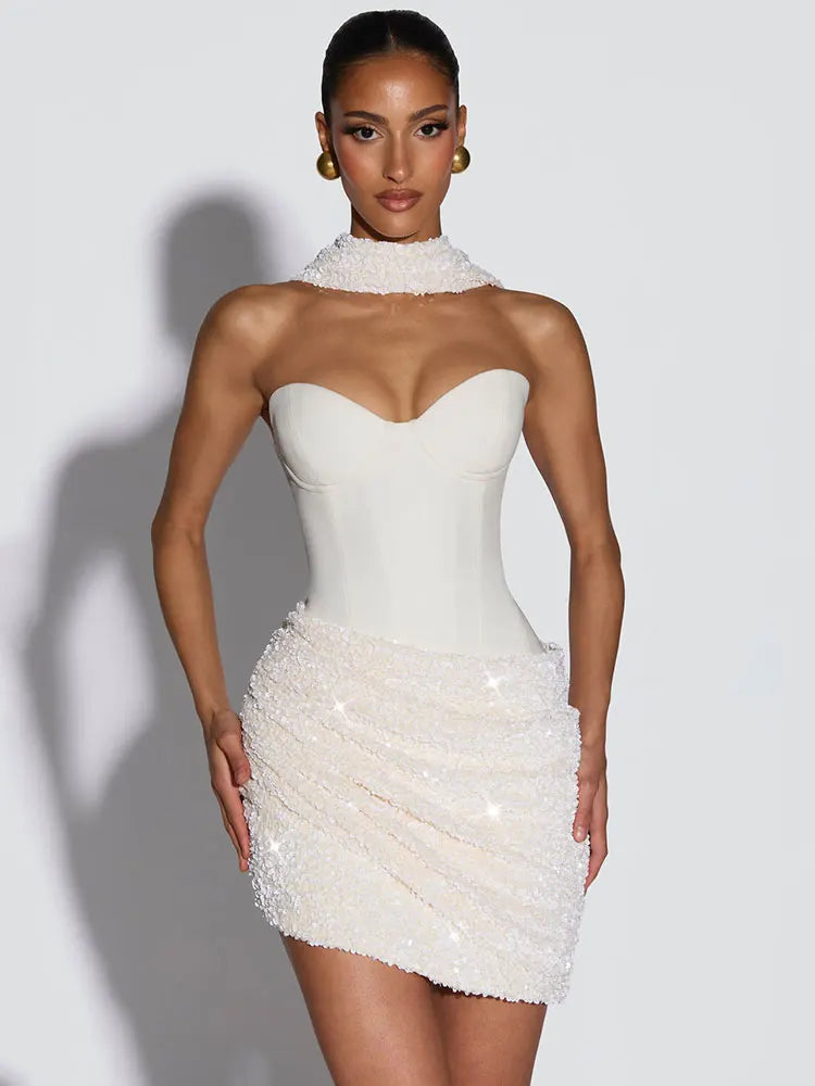 Strapless Back Lace-up Scarf Sexy Mini Dress