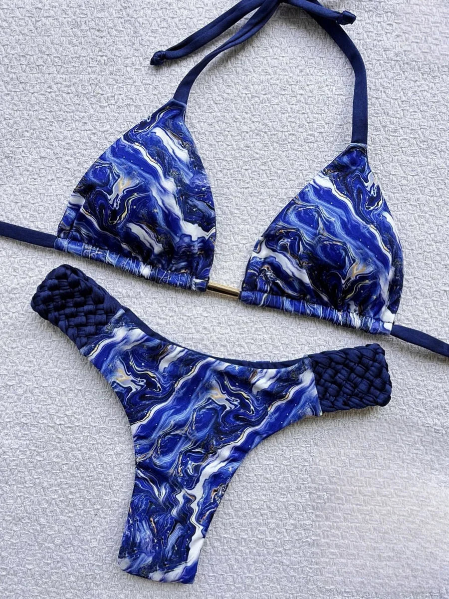 Print Halter Braided Rope Mini Thong Bikini