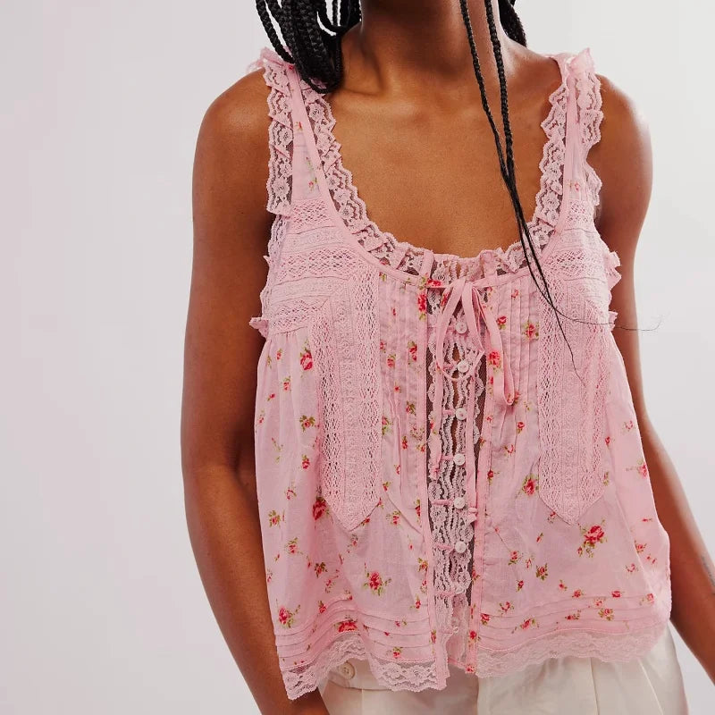 Y2K Button-up Lace Trim Patchwork Cami Tops