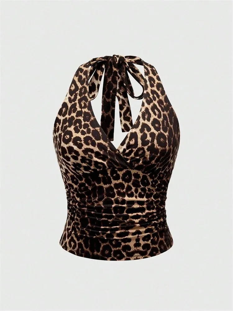 Leopard Printed V-neck Backless Halter Crop Top