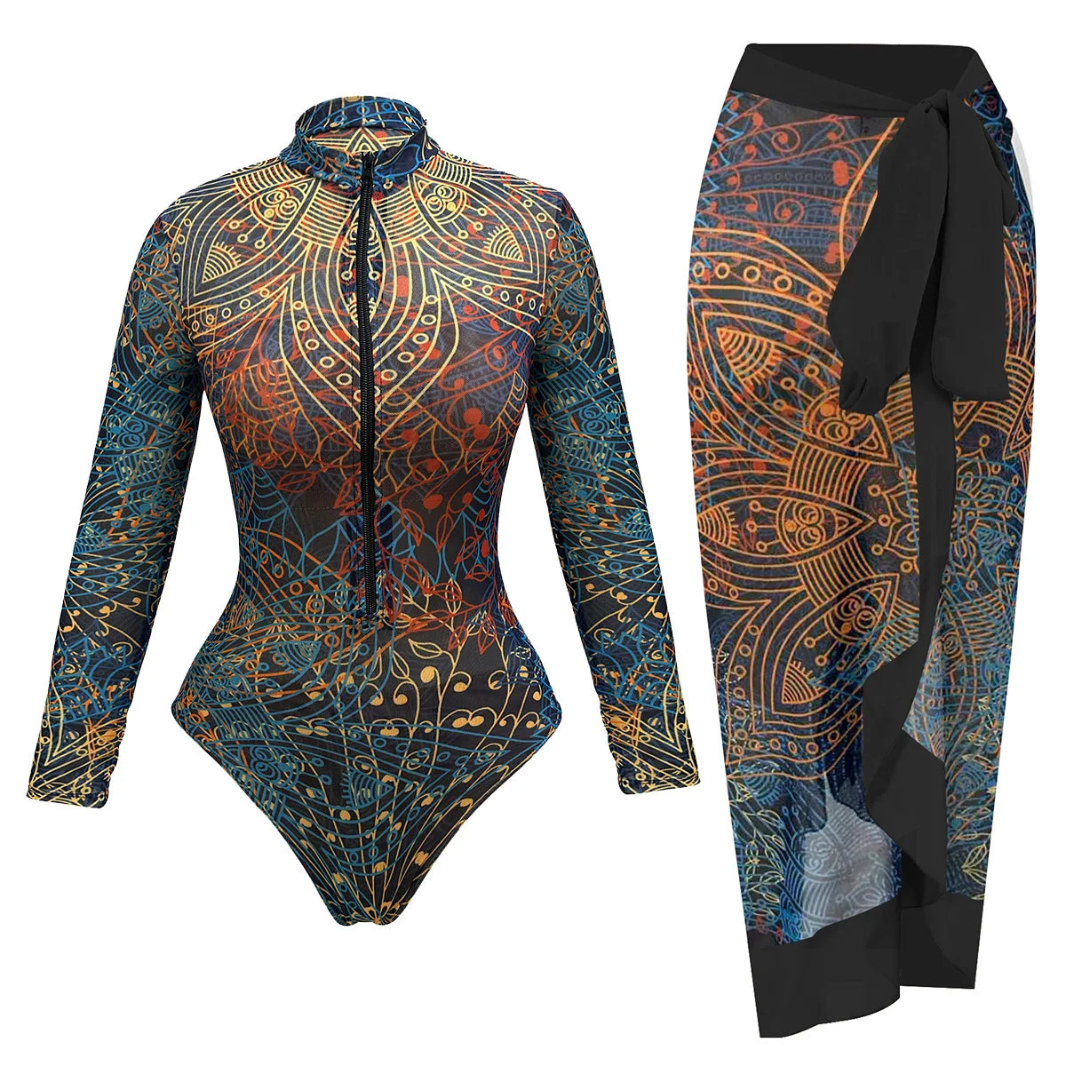 Vintage Leaves Print SPF Sunscreen Pants Swimwear Sets Women Long Sleeve Zipper Bathing Suit Sun Protect One Piece Swimsuit