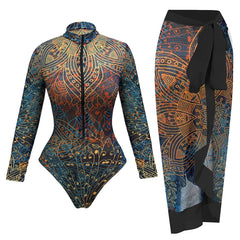Vintage Leaves Print SPF Sunscreen Pants Swimwear Sets Women Long Sleeve Zipper Bathing Suit Sun Protect One Piece Swimsuit