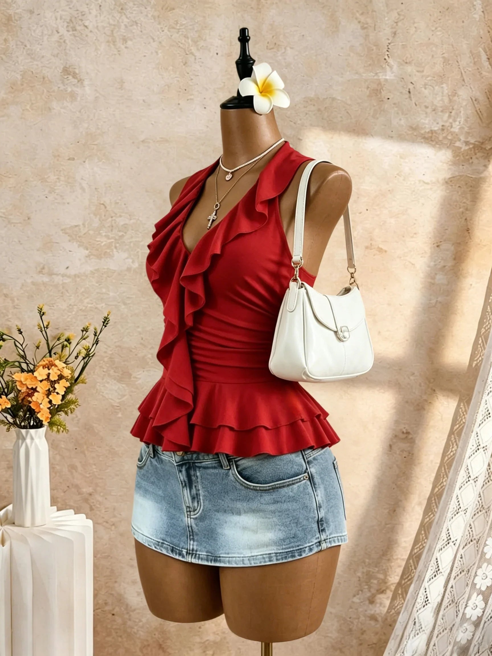 Halter V Neck Ruffle Trim Ruched Waist Peplum Hem Slim Fit Crop Cami Top