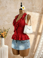 Halter V Neck Ruffle Trim Ruched Waist Peplum Hem Slim Fit Crop Cami Top
