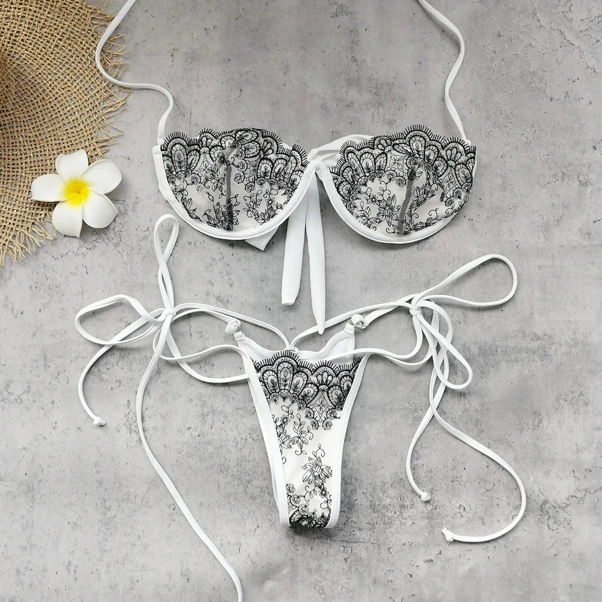 Sexy White Floral Embroidery Bikini Set