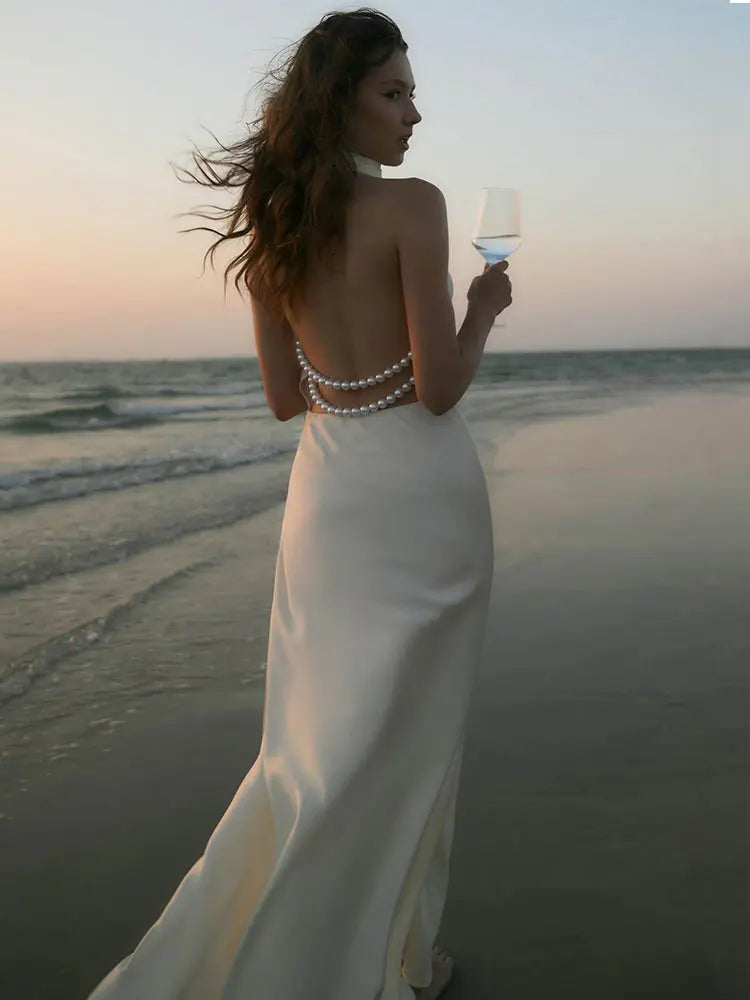 Satin Backless Pearls Sexy Bodycon Prom Party Maxi Dress