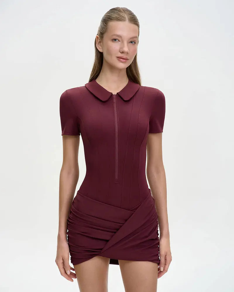 Short Sleeve Zipper Sports Bodysuit Rompers Casual Draped Ruched Slim Fit Fitness Bodysuits Female