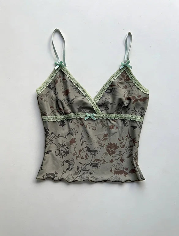 Ins Style Retro Floral Print Lace Trim Cami Top