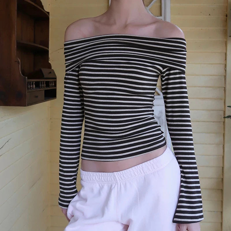 Stripe Off Shoulder Crop Top