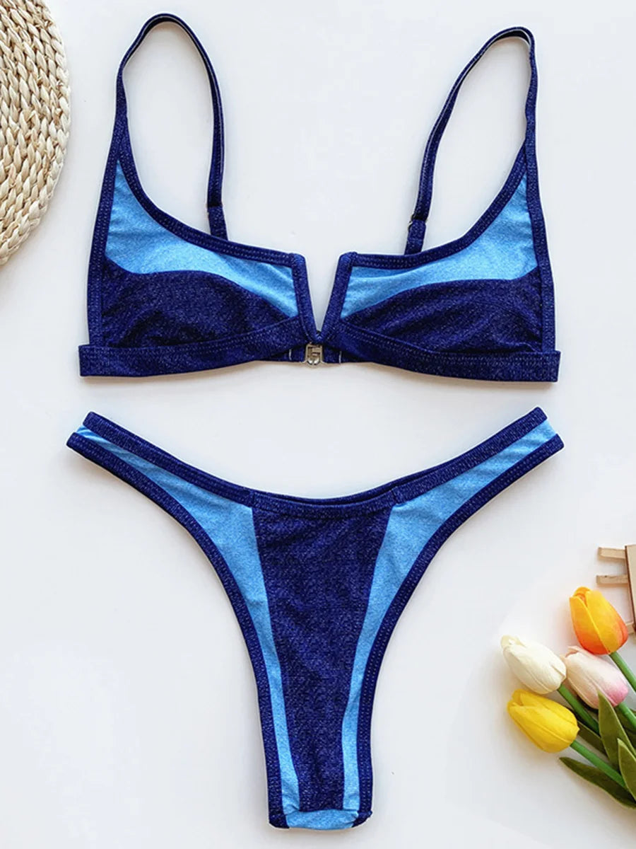 Splicing Denim V Shaped Thong Bikini