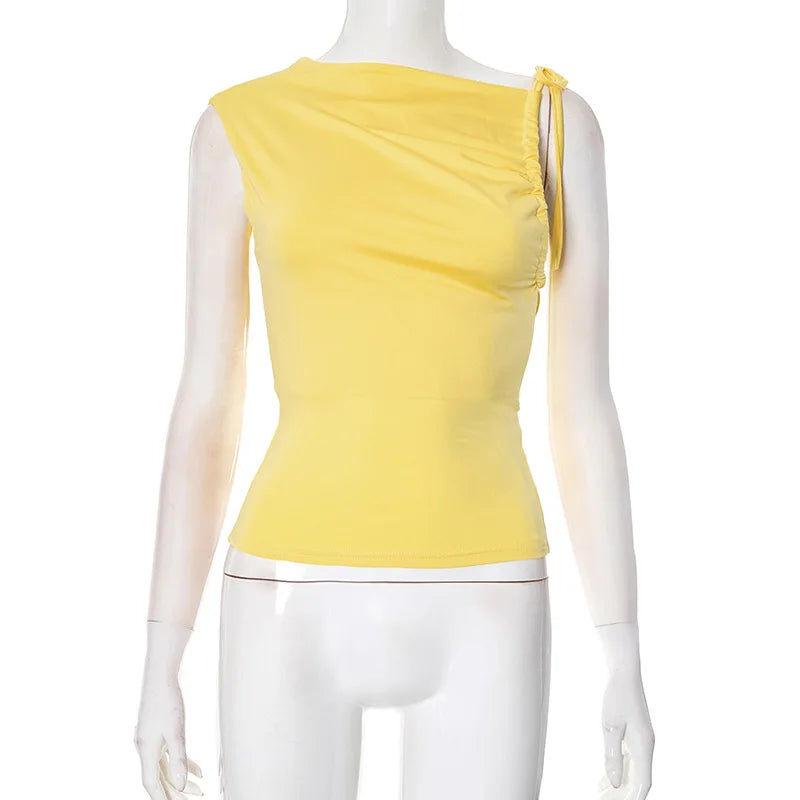Sleeveless Skew Collar Ruched Lace Up Bodycon Crop Top