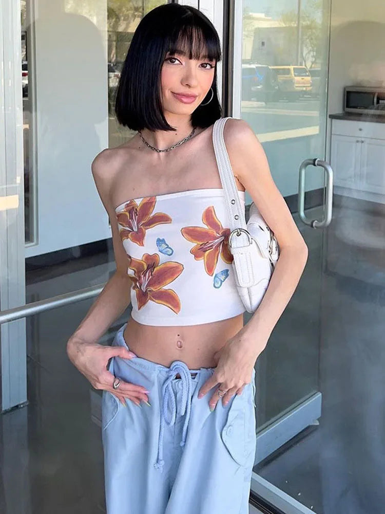 Chest Wrap Tank Camis White Slim Street Flower Print Sexy Crop Tops