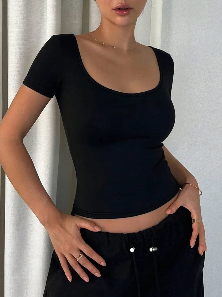 Solid Color Sexy Short Sleeve Cropped Top