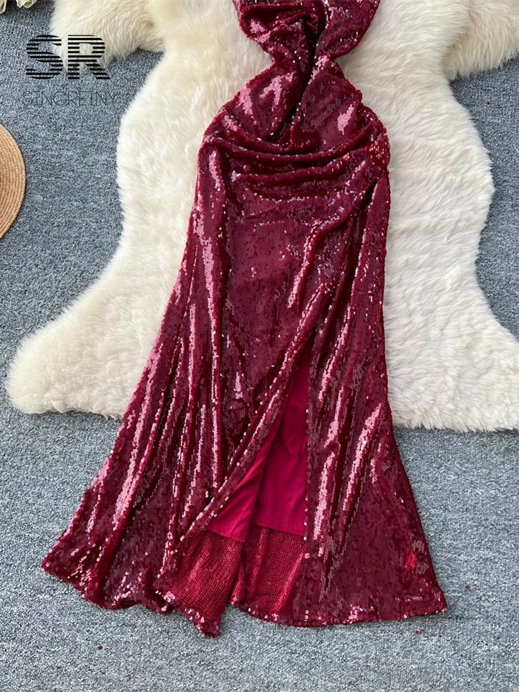 Sequined Strapless Slit Dress