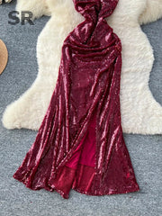 Sequined Strapless Slit Dress