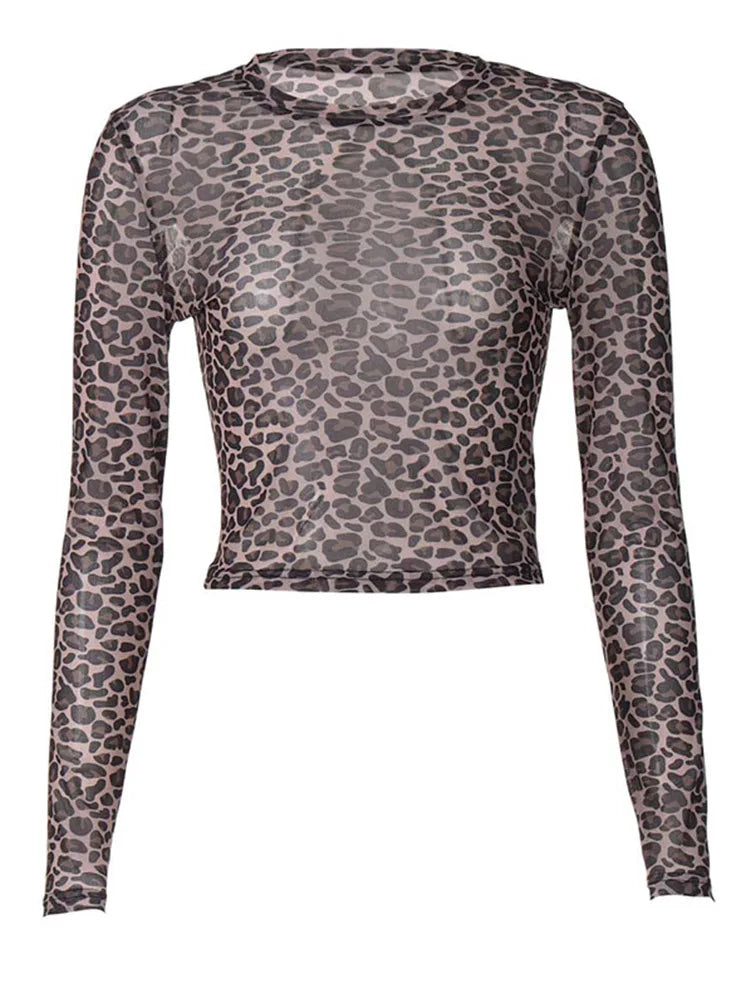 Night Club Outfit Animal Print Mesh Blouse Round Neck Long Sleeve Slimming Waist Crop Top