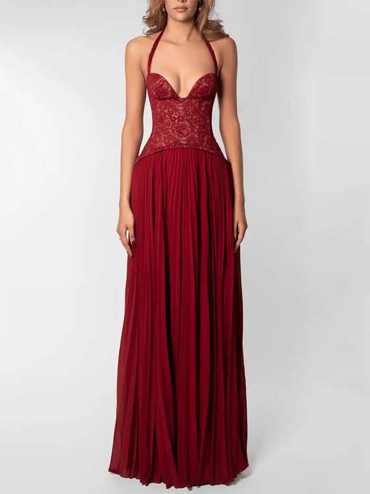 Elegant Corset Halter Pleated Maxi Dress