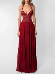 Elegant Corset Halter Pleated Maxi Dress