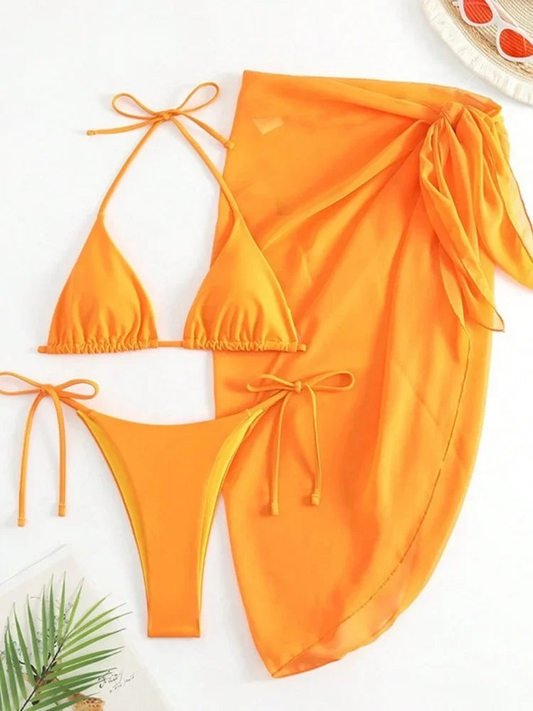 Sexy Mesh Skirt 3 Piece Bikini Set