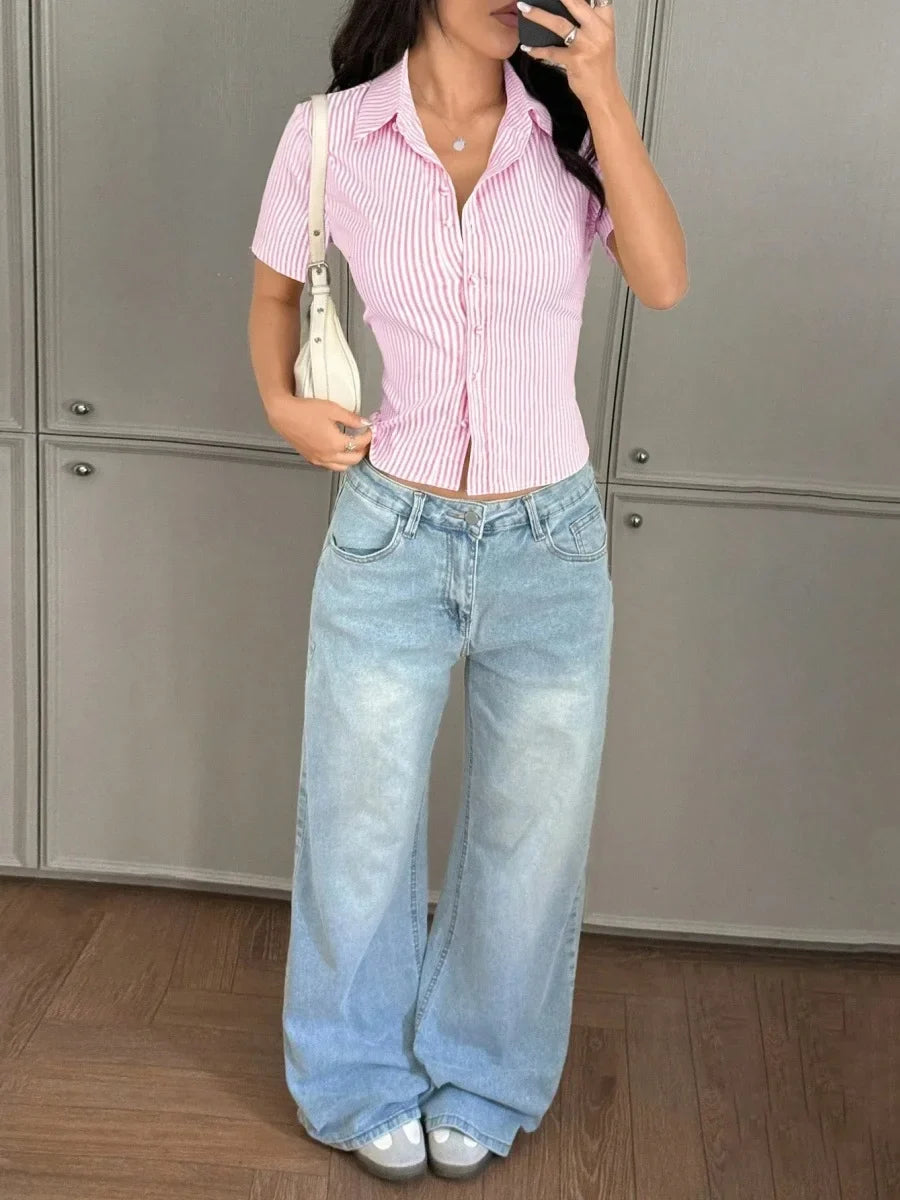 Casual Y2K Street Style Turn Down Collar Slim fit Crop Top