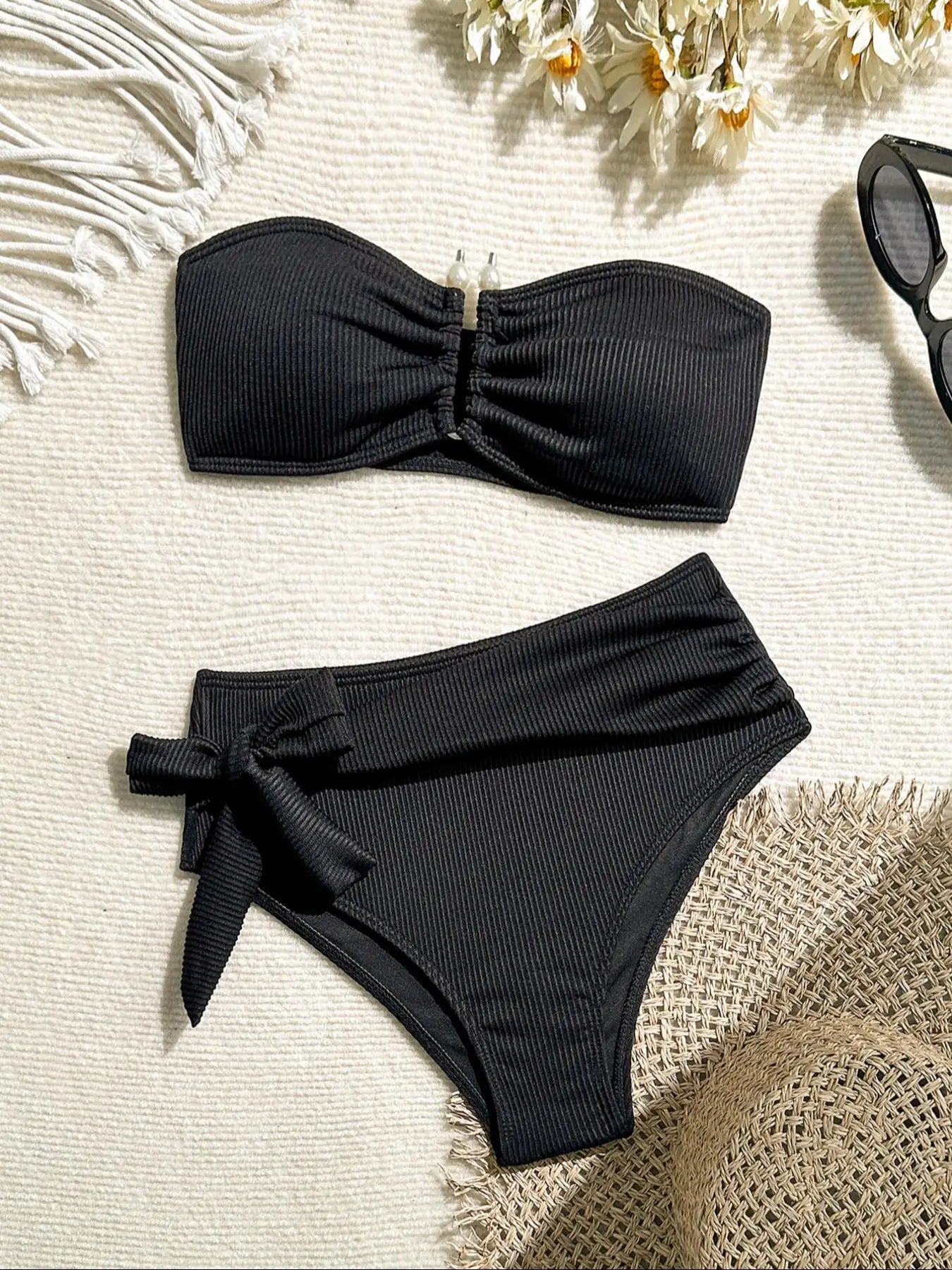 Bandeau Metal U Wire Push Up Belt High Waist Swimsuit