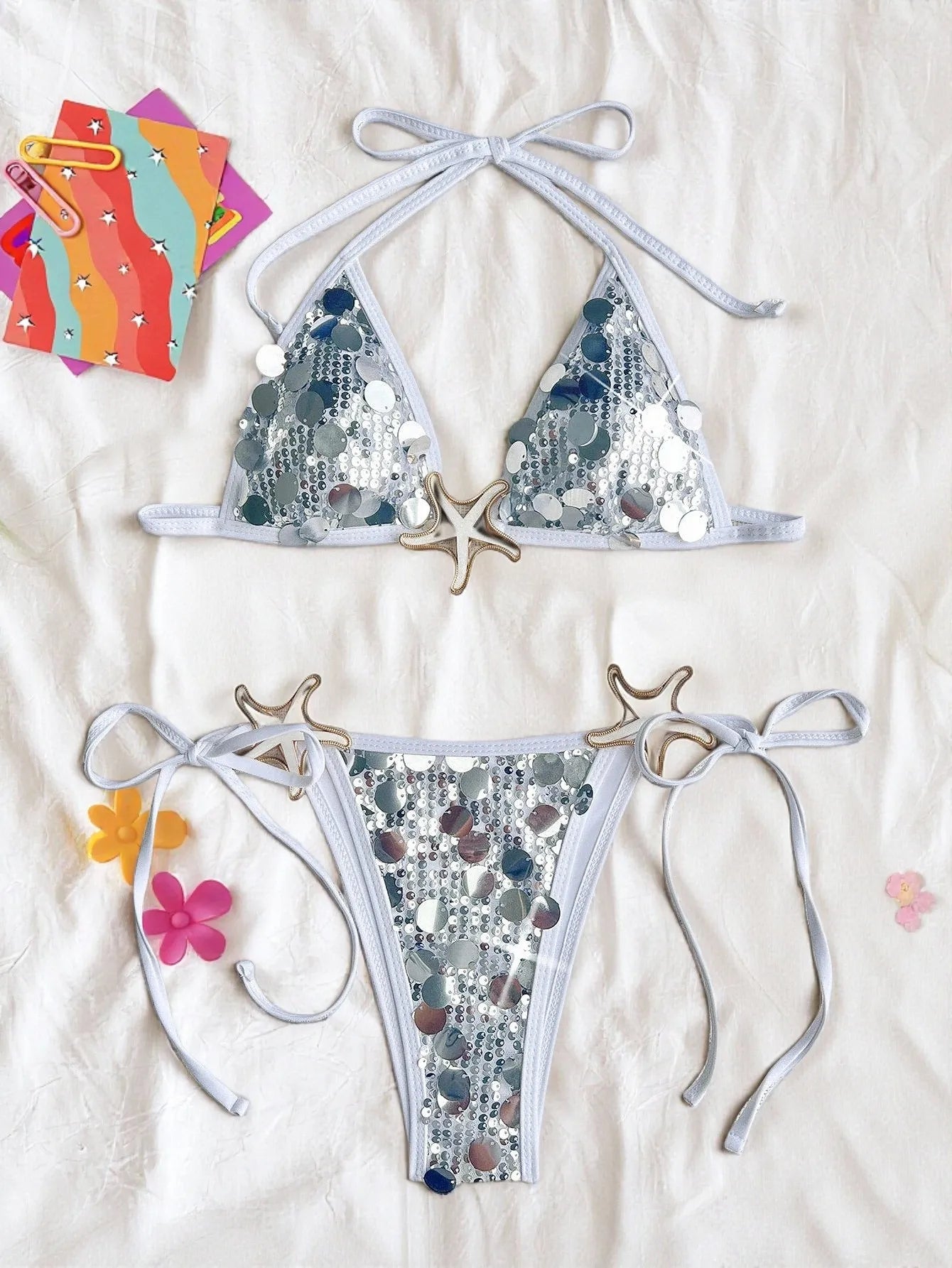 Shiny Sequin Silver Bikini Set