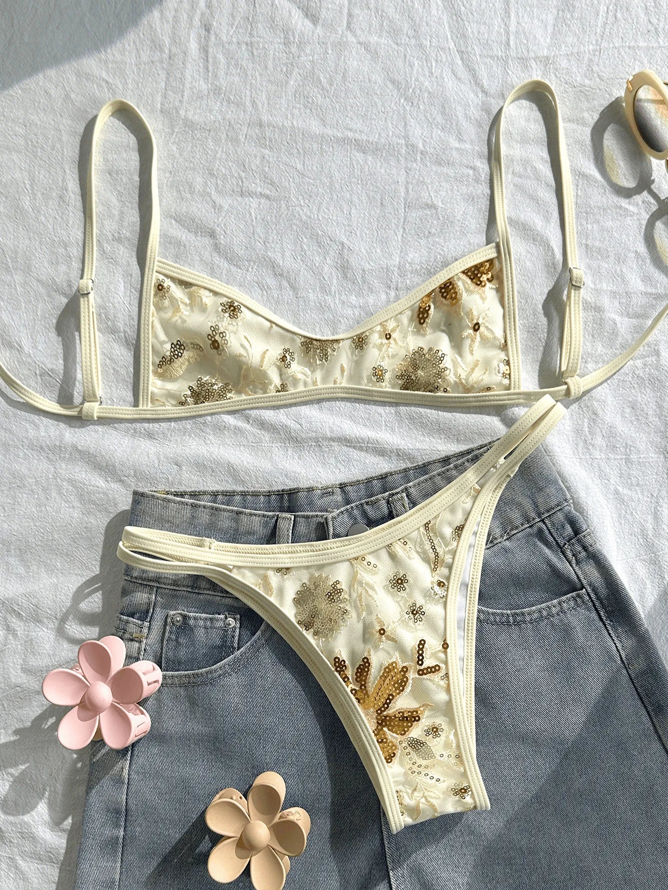 Beige Floral Embroidery Pleate Push Up Hollow Out Thong Swimsuit