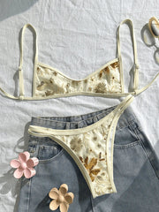 Beige Floral Embroidery Pleate Push Up Hollow Out Thong Swimsuit