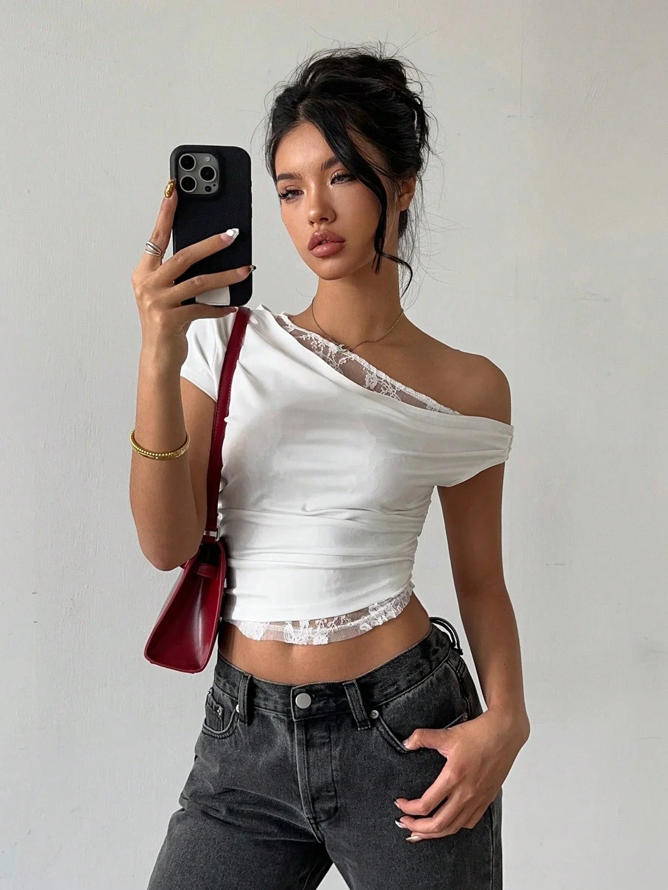 One Shoulder Drape Neck Crop Top