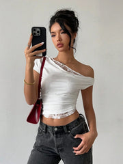 One Shoulder Drape Neck Crop Top
