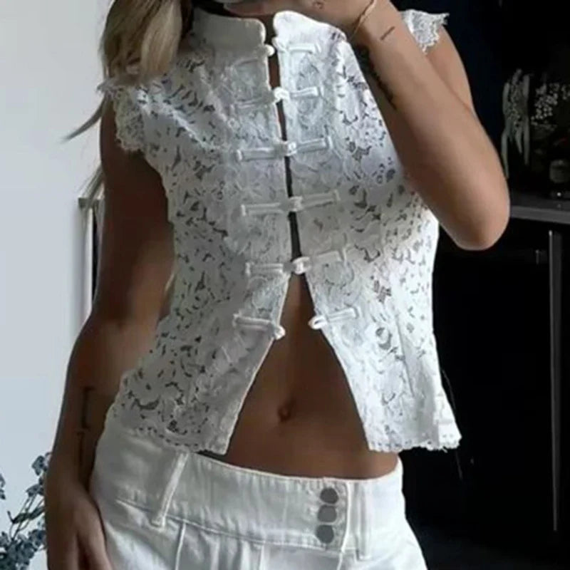 Womens Floral Lace Mandarin Collar Crop Tops