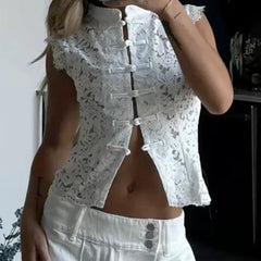 Womens Floral Lace Mandarin Collar Crop Tops