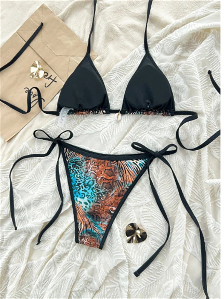 Sexy Green Tiger Print Patchwork Micro Bikini